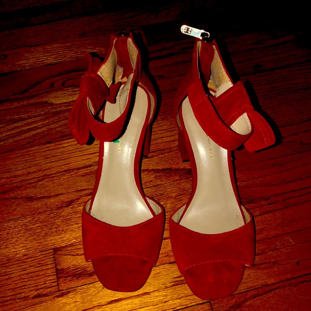 2 inch wedge, red suede ankle strap heels